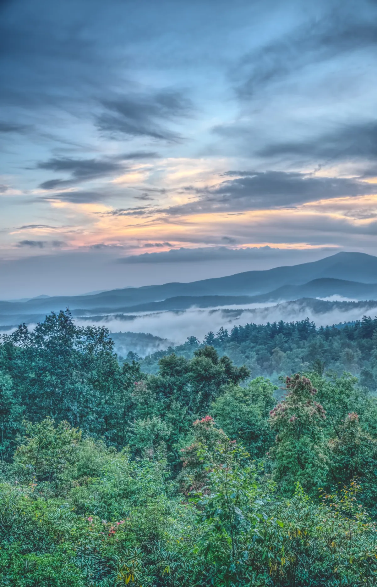 A breathtaking vista of mountains, trees, and sky, with morning fog rolling over the peaks. The view is tranquil and inspiring, setting a peaceful mood and offering a reminder of the natural beauty surrounding the home.